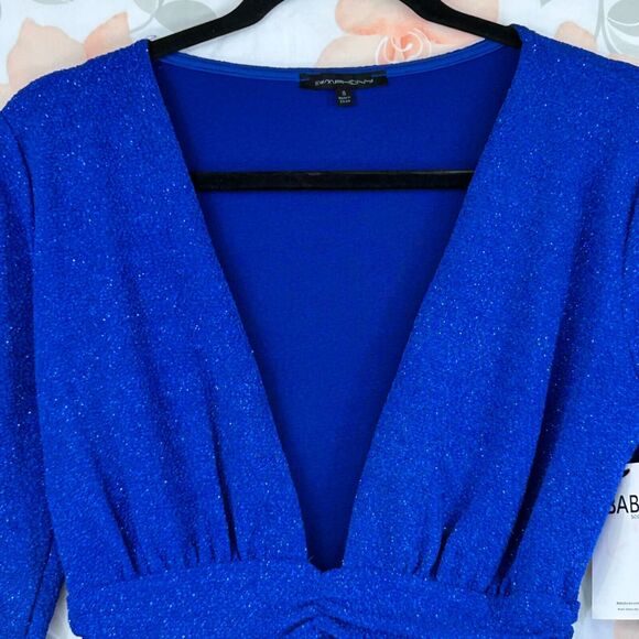 Symphony Ruched Dress Womens Small Blue Lights Down Low Glitter V Neck Plunge - Picture 2 of 14